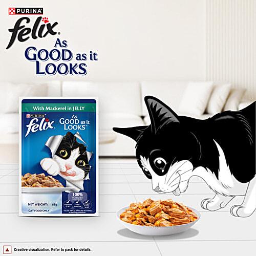 Purina Felix With Mackerel In Jelly Adult Wet Cat Food, 85 g (Pack of 12) Complete & Balanced Cat Food, Vitamins D & E, Vital Minerals, Omega 6 Fatty Acid
