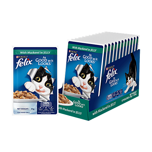 Purina Felix With Mackerel In Jelly Adult Wet Cat Food, 85 g (Pack of 12) Complete & Balanced Cat Food, Vitamins D & E, Vital Minerals, Omega 6 Fatty Acid