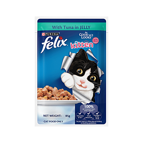 Purina Felix With Tuna In Jelly Kitten Wet Cat Food, 85 g (Pack of 12) Complete & Balanced Cat Food, Vitamins D & E, Vital Minerals, Omega 6 Fatty Acid