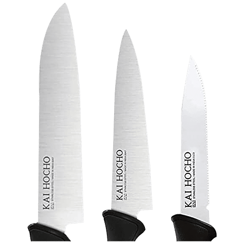 KAI Gift Box Hocho Micro Serrated Knife 9.6 cm Blade, Hocho Utility (M) Knife 14.5 cm Blade, Hocho Utility (S) Knife 12.5 cm Blade, Black, 3 pcs  Ergonomic Handle, Comfortable Grip