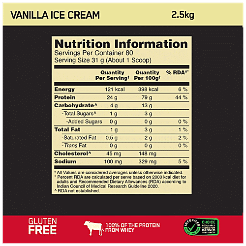 Optimum Nutrition Gold Standard Whey Protein Powder - Vanilla Ice Cream, 2.5 kg  For Muscle Support & Recovery, Gluten Free, Zero Added Sugar