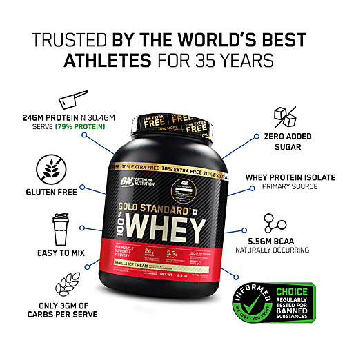 Optimum Nutrition Gold Standard Whey Protein Powder - Vanilla Ice Cream, 2.5 kg  For Muscle Support & Recovery, Gluten Free, Zero Added Sugar