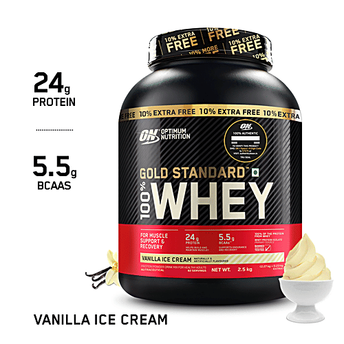 Optimum Nutrition Gold Standard Whey Protein Powder - Vanilla Ice Cream, 2.5 kg  For Muscle Support & Recovery, Gluten Free, Zero Added Sugar