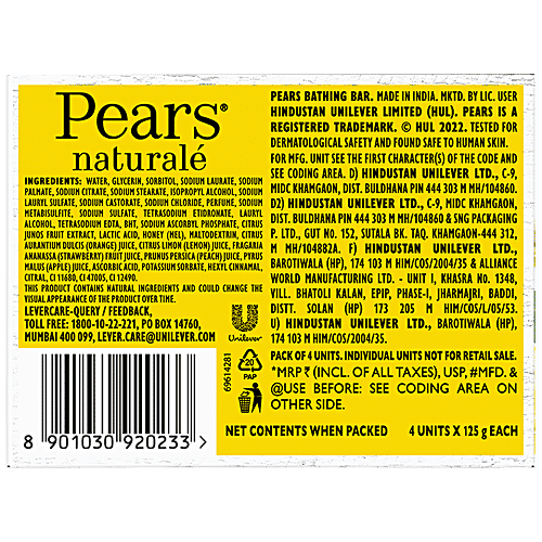 Pears Naturale Vitamin C Refreshing Bathing Bar, 125 g (Pack of 4) 