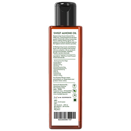 Mystiq Living Sweet Almond Oil For Hair, Face, Body & Baby Massage, Badam Rogan Oil, Cold Pressed, 200 ml  