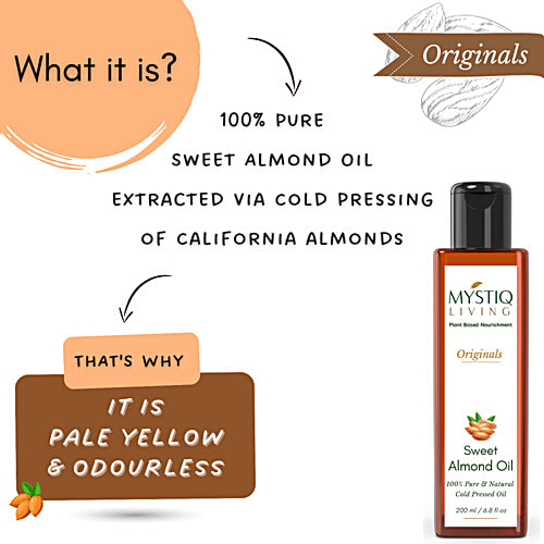 Mystiq Living Sweet Almond Oil For Hair, Face, Body & Baby Massage, Badam Rogan Oil, Cold Pressed, 200 ml  