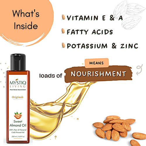 Mystiq Living Sweet Almond Oil For Hair, Face, Body & Baby Massage, Badam Rogan Oil, Cold Pressed, 200 ml  