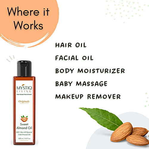 Mystiq Living Sweet Almond Oil For Hair, Face, Body & Baby Massage, Badam Rogan Oil, Cold Pressed, 200 ml  