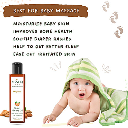 Mystiq Living Sweet Almond Oil For Hair, Face, Body & Baby Massage, Badam Rogan Oil, Cold Pressed, 200 ml  