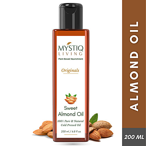 Mystiq Living Sweet Almond Oil For Hair, Face, Body & Baby Massage, Badam Rogan Oil, Cold Pressed, 200 ml  