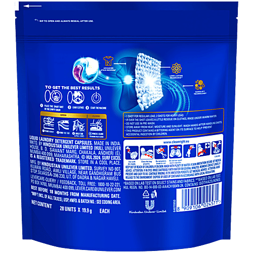 Surf Excel 3 In 1 Smart Shots For Front Load & Top Load Washing Machines, 588 g (28x21 g each) Pack of 28 Shots, For Top Load & Front Load Washing Machines, Long Lasting Fragrance