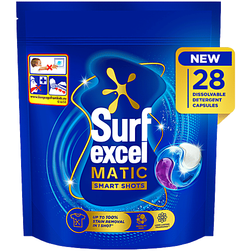 Surf Excel 3 In 1 Smart Shots For Front Load & Top Load Washing Machines, 588 g (28x21 g each) Pack of 28 Shots, For Top Load & Front Load Washing Machines, Long Lasting Fragrance