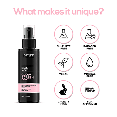 Renee Glow Screen Sunscreen Spray - SPF 50, 50 ml Dewy Finish, For All Skin Types