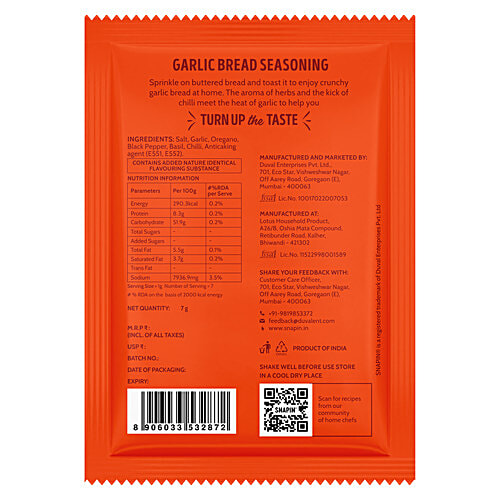 SNAPIN Garlic Bread Seasoning - With Herbs & Chilli, Sprinkle On Buttered Bread & Toast, 7 g