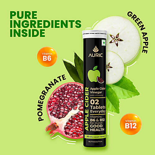 Auric Apple Cider Vinegar Effervescent Tablets With Vitamins For Weight Management & Gut Health, 20 pcs Support Digestion, Manage Blood Sugar Level