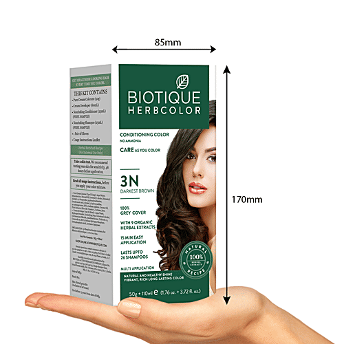 BIOTIQUE Herbcolor Conditioning Hair Color - No Ammonia, 5 pcs 3N Darkest Brown 100% Grey Coverage, 9 Organic Herbal Extracts, Lasts upto 26 Shampoos