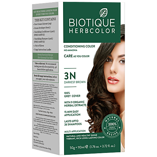 BIOTIQUE Herbcolor Conditioning Hair Color - No Ammonia, 5 pcs 3N Darkest Brown 100% Grey Coverage, 9 Organic Herbal Extracts, Lasts upto 26 Shampoos