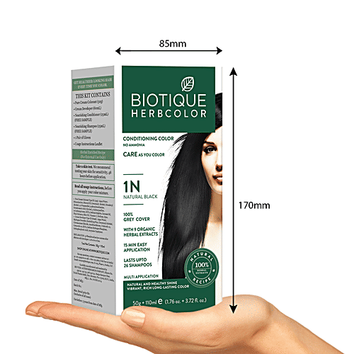 BIOTIQUE Herbcolor Conditioning Hair Color - No Ammonia, 5 pcs 1N Natural Black 100% Grey Coverage, 9 Organic Herbal Extracts, Lasts upto 26 Shampoos