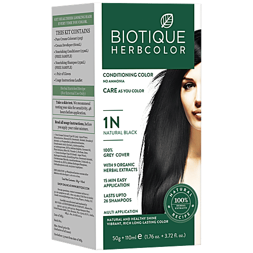 BIOTIQUE Herbcolor Conditioning Hair Color - No Ammonia, 5 pcs 1N Natural Black 100% Grey Coverage, 9 Organic Herbal Extracts, Lasts upto 26 Shampoos