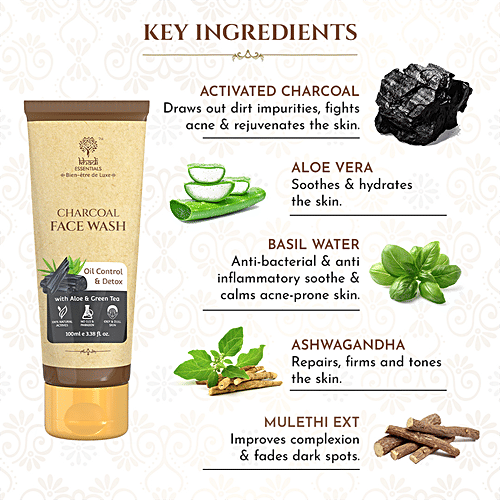 Khadi Essentials Charcoal Face Wash - With Aloe Vera & Green Tea, For Oil Control & Detox, 100 ml  