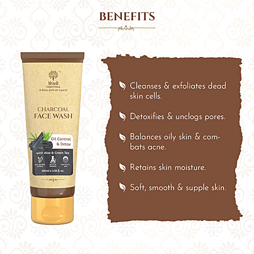 Khadi Essentials Charcoal Face Wash - With Aloe Vera & Green Tea, For Oil Control & Detox, 100 ml  