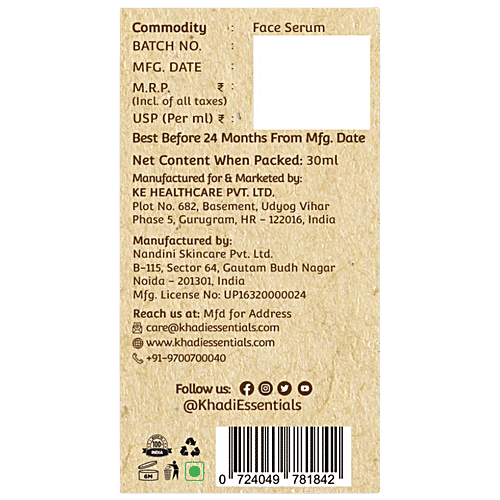 Khadi Essentials 2% HA + 10% Vitamin C Face Serum - For Hydrated & Bright Skin, 30 ml  With Tea Tree Extracts