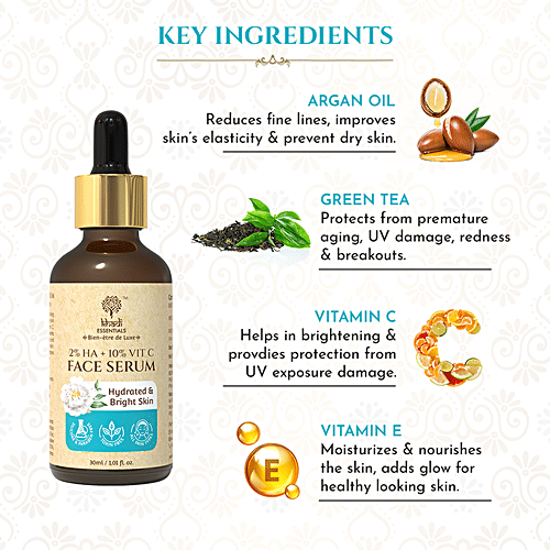 Khadi Essentials 2% HA + 10% Vitamin C Face Serum - For Hydrated & Bright Skin, 30 ml  With Tea Tree Extracts