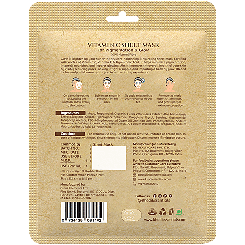 Khadi Essentials 10% Vitamin C Sheet Mask - With 1% Hyaluronic Acid, For Pigmentation & Glow, 25 ml  