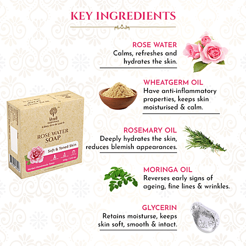 Khadi Essentials Rose Water Herbal Handmade Soap - For Soft & Toned Skin, 100 g  