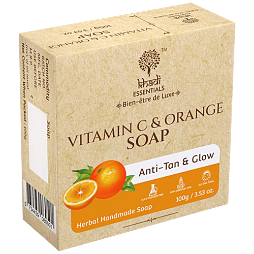 Khadi Essentials Vitamin C & Orange Herbal Handmade Soap - For Anti-Tan & Glow, 100 g  