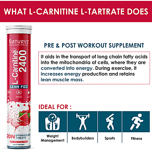 Naturyz L-Carnitine L Tartrate 2400 mg  Effervescent Tablets - Fat burner, Weight Loss, 20 Tablets (Pack of 3) 
