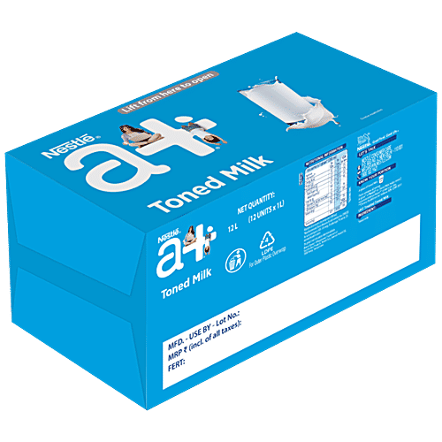 Nestle A+ Toned Milk, 12 L (12 Units x 1 L each) Delicious, High Quality, UHT Treated Toned Milk With Vitamins