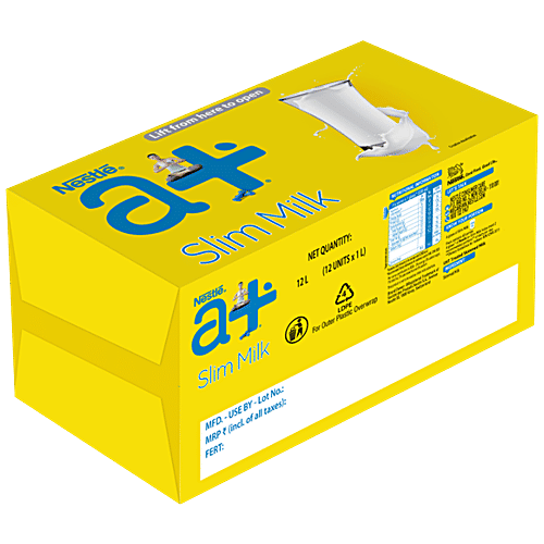 Nestle A+ Slim Milk, 1 L (Pack of 12) Naturally Nutritious, Fat Free, Skimmed Milk