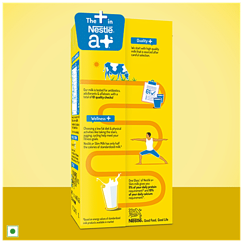 Nestle A+ Slim Milk, 1 L (Pack of 12) Naturally Nutritious, Fat Free, Skimmed Milk