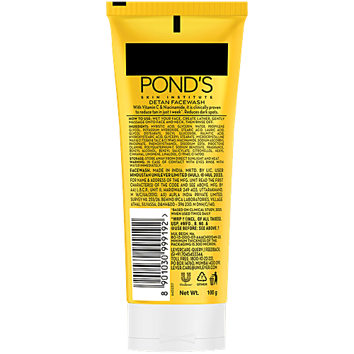 Ponds DeTan Facewash-With Niacinamide & Vitamin C,Reduces In 1 Week,For All Skin Types, 100 g