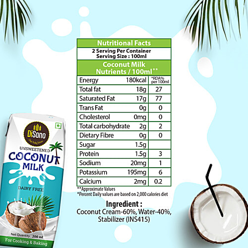 Disano Unsweetened Coconut Milk, 200 ml  For Cooking & Baking