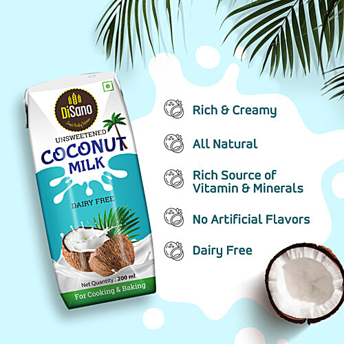 Disano Unsweetened Coconut Milk, 200 ml  For Cooking & Baking