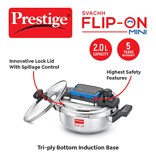 Prestige Svachh Flip-On Mini Stainless Steel Spillage Control Pressure Cooker - With Glass Lid, Silver, 2 L  