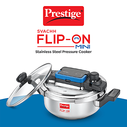 Prestige Svachh Flip-On Mini Stainless Steel Spillage Control Pressure Cooker - With Glass Lid, Silver, 2 L  