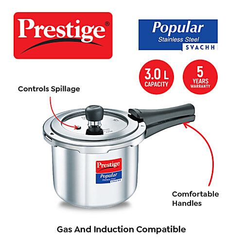 Prestige Popular Svachh Spillage Control Stainless Steel Outer Lid Pressure Cooker - Silver, 3 L  