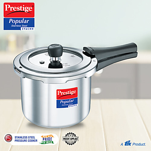 Prestige Popular Svachh Spillage Control Stainless Steel Outer Lid Pressure Cooker - Silver, 3 L  