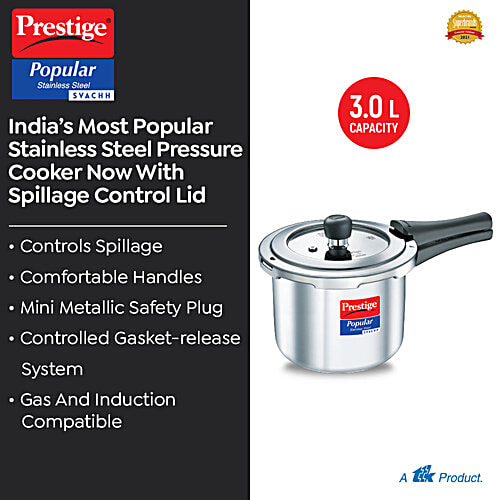Prestige Popular Svachh Spillage Control Stainless Steel Outer Lid Pressure Cooker - Silver, 3 L  