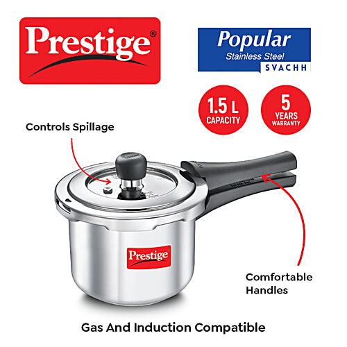 Prestige Popular Svachh Spillage Control Stainless Steel Outer Lid Pressure Cooker - Silver, 1.5 L  