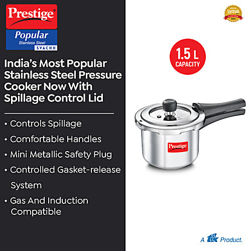 Prestige Popular Svachh Spillage Control Stainless Steel Outer Lid Pressure Cooker - Silver, 1.5 L  