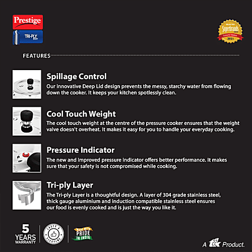 Prestige Svachh Triply Outer Lid Pressure Cooker With Unique Deep Lid - For Spillage Control, Silver, 2 L