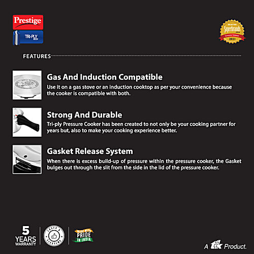 Prestige Svachh Triply Outer Lid Pressure Cooker With Unique Deep Lid - For Spillage Control, Silver, 2 L