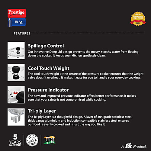 Prestige Svachh Triply Outer Lid Pressure Cooker with Unique Deep Lid For Spillage Control - Silver, 3 L  