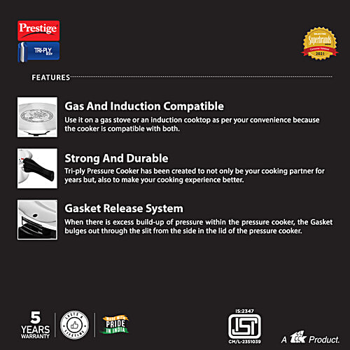 Prestige Svachh Triply Outer Lid Pressure Cooker with Unique Deep Lid For Spillage Control - Silver, 3 L  