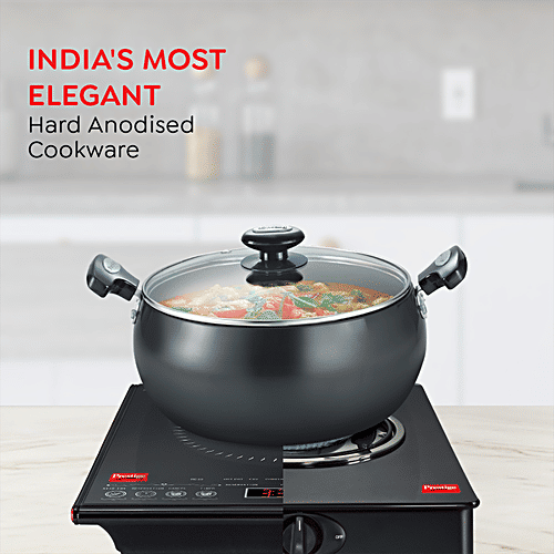 Prestige Hard Anodised Plus Gas & Induction Compatible Sauce Pan - With Glass Lid, 24 cm, Black, 5.7 l  