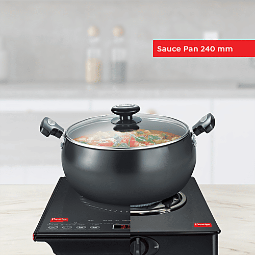 Prestige Hard Anodised Plus Gas & Induction Compatible Sauce Pan - With Glass Lid, 24 cm, Black, 5.7 l  